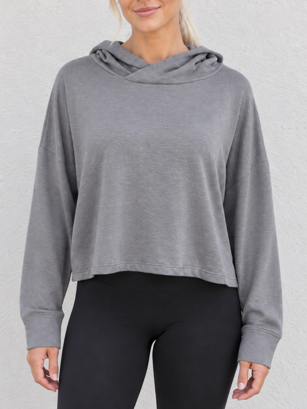 Fabletics Grey Slub Knit Cropped Hoodie Relaxed Fit Long Sleeve Pullover